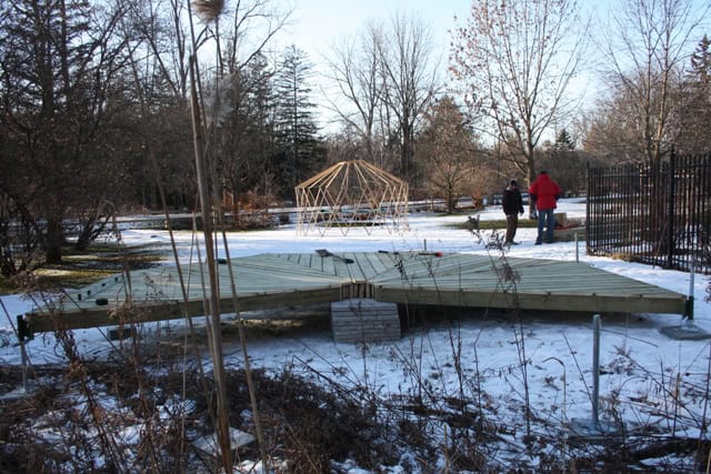 freestanding deck modules with yurt frame in background