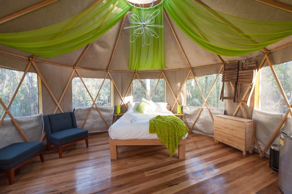 Yurt interior decorated with drop ceiling